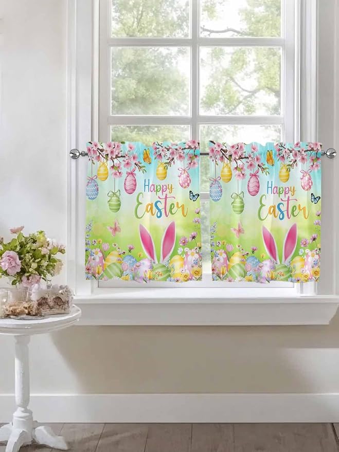 Easter Half Window Curtains 24 Inches Long, Spring Bunny Colorful Rabbit Eggs - Image 7