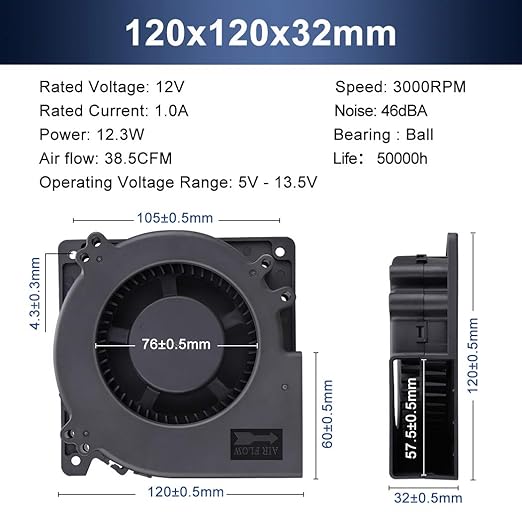 Wathai 120mm x 32mm Brushless Cooling Blower Fan 12V DC Dual Ball Centrifugal - Image 2