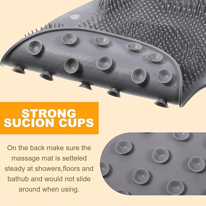 Shower Foot & Back Scrubber, Massage Pad with Suction Cups & Pumice Stone, Multi-Surface Silicone Bath Mat for Exfoliating and Massaging in Shower or Bathtub, 9.8x11.8 Inch (Gray)