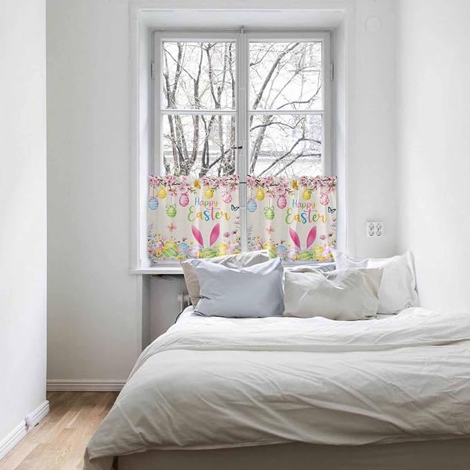 Happy Easter Half Window Curtains 24 Inches Long, Spring Farmhouse Bunny Eggs - Image 5