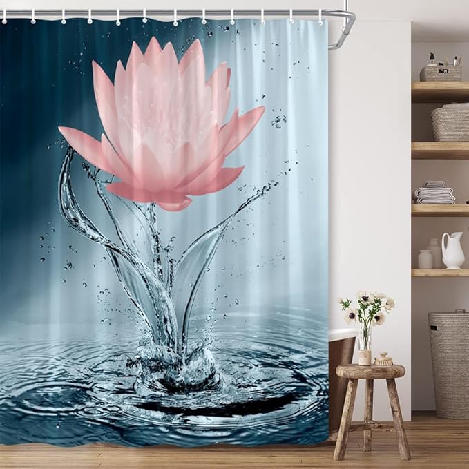 Lotus Shower Curtain Blue Red Flower Elegant Blooming Floral with Dew Spring Flower Reflection on Water Modern Romantic Polyester Fabric Bathroom Decor 70×90 Inch with Hook