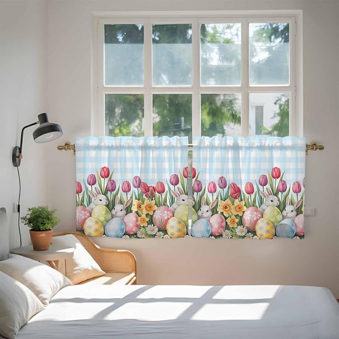 Easter Kitchen Tier Curtains 36 Inch Long 2 Panel Set, Rod Pocket Half Window - Image 4