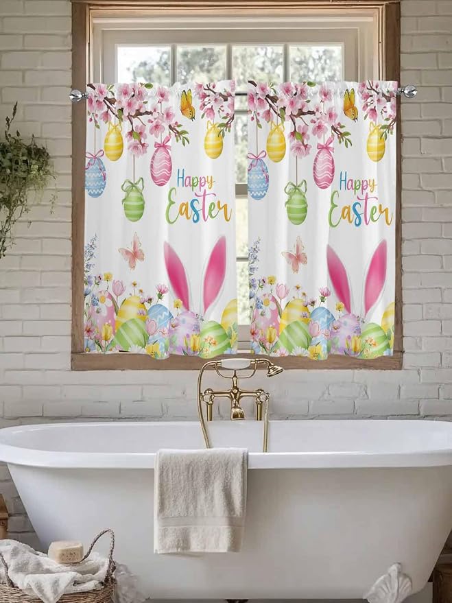 Happy Easter Tier Curtains 45 Inches Long, Spring Watercolor Bunny Eggs Flower - Image 7
