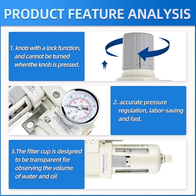 MEANLIN 3/8" NPT 3 in 1 Air Drying System Particulate Air Filter, Air Pressure - Image 3