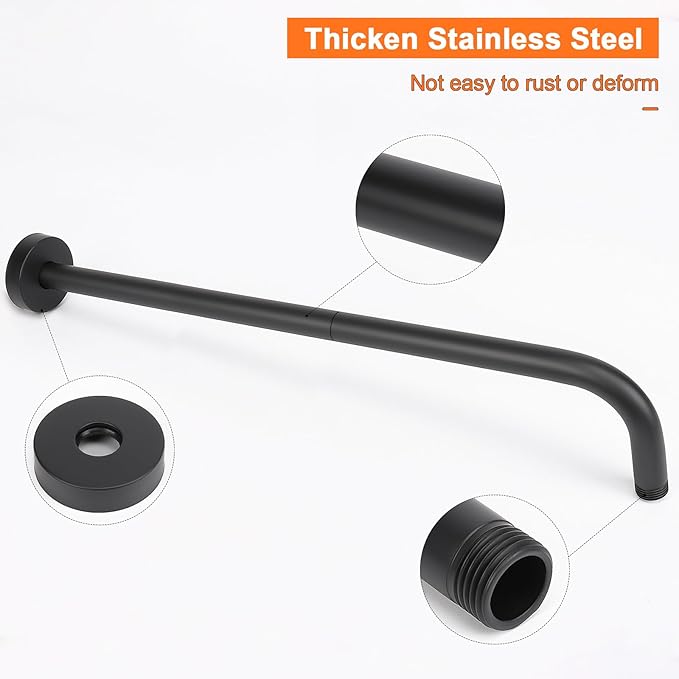 HarJue Shower Arm with Flange and Teflon Tape, Wall Mounted Shower Pipe 304 Stainless Steel Extension Arm for Fixed Shower Head & Handheld (20 Inch, Matte Black)