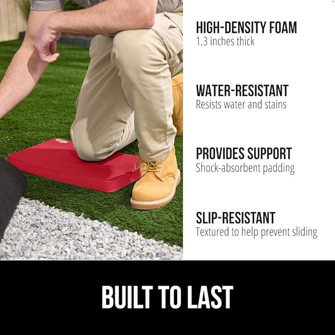 GORILLA GRIP Extra Thick Patent Pending Soft Foam Kneeling Pad, 2 PK, Supportive Large Cushion Knee Pads for Gardening, Baby Bath, Dirt and Water Resistant, Workout and Garden Supplies, 17.5x11, Red