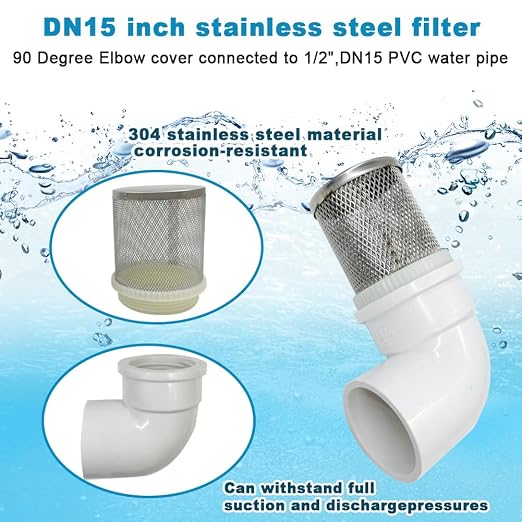 DN15 inch stainless steel filter cover connected to 90 degree elbow 1/2" PVC - Image 2