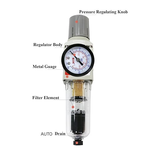 RIH 1/4" NPT Auto Drain Compressed Air Filter Regulator Combo Piggyback - Image 6