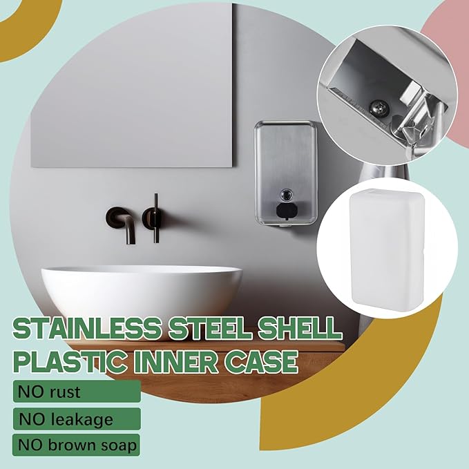 Maxdot 2 Pcs 37 oz/1100 ml Commercial Stainless Steel Soap Dispenser Wall Mount with Corrosion Proof Lining and Manual Anti Leak Pump for Home Bathroom Accessories Kitchen(Silver)