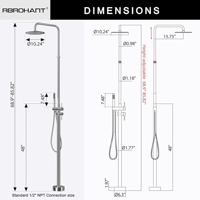 RBROHANT Freestanding Outdoor Shower Chrome, Height Adjustable Outside Showers for Backyard Garden Pool Beach, Outdoor Shower Fixtures with 10” Rain Shower Head and Handheld, Polished Chrome, JK0451