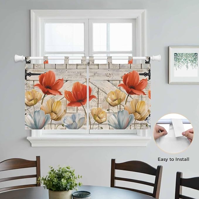 Retro Floral Kitchen Curtains 24 Inch Length, Small Window Curtains Tab Top - Image 4