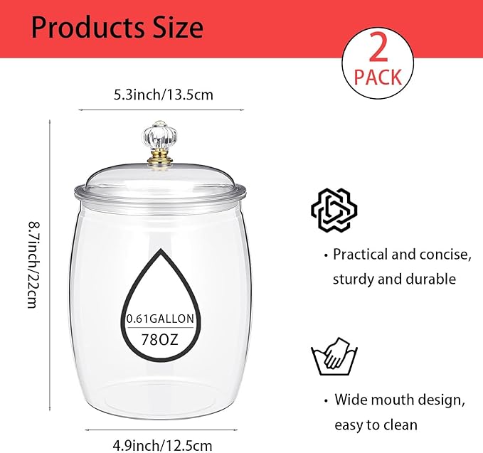 2-Piece Clear Plastic Jars,78 oz Airtight Food Storage Canisters for Candy, Cookies, & Kitchen Organization,Apothecary Jar, Buffet Containers, Large Reusable Jars for Home Decoration