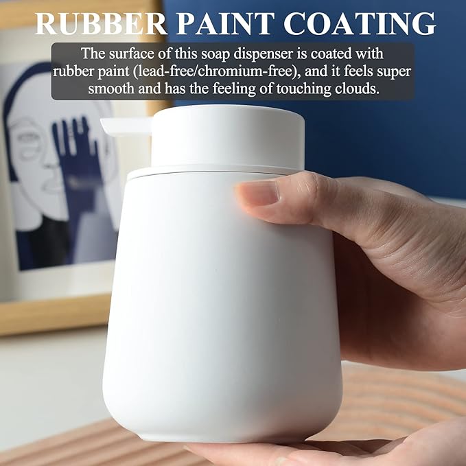 BosilunLife Foam Soap Dispenser - 12 oz Bathroom Lotion Pump, White Ceramic Dish Liquid Dispenser for Kitchen and Hand Wash (Rubber Paint)
