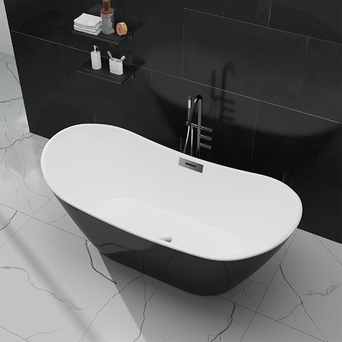 59" Deep Soaking Bathtub, Non-Slip Acrylic Tub with Chrome Drain, CUPC Certified, Ergonomic Modern Bath for Bathrooms, Easy-Install, Black Ingot