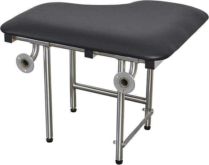 28" x 22.5" Black Padded Wall Mount Folding Right-Handed Transfer Bench Shower Seat with Legs, ADA Compliant