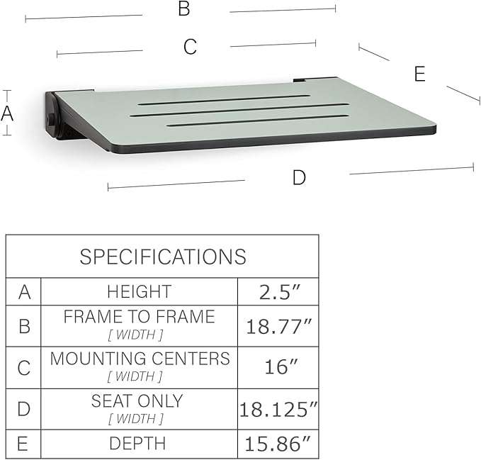 18 inch Silhouette Slimline Folding Wall Mount Shower Bench Seat, Sea Green Seat with Matte Black Frame