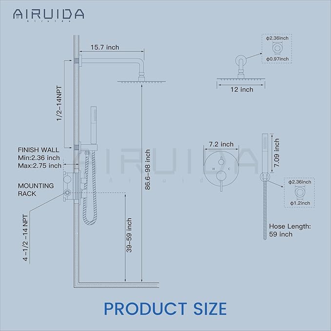 Airuida Shower Fixtures 2 Functions Shower Faucet Set Wall Mounted for Bathroom High Pressure Brass Handheld Shower with Rough-in Valve Round Rainfall 12 Inch Shower Head Matte Black