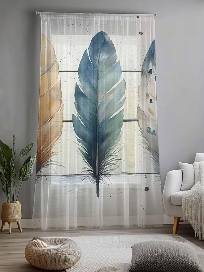 Sheer Curtains 108 Inches Long, Boho Blue Feathers Semi Sheer Curtains Light - Image 2