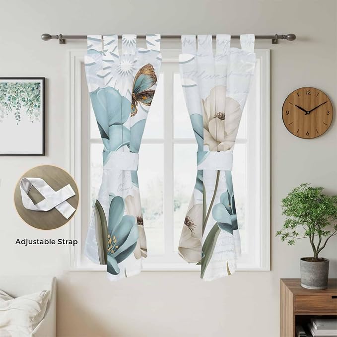 Blue Tulips Bathroom Curtains 63 Inch Length, Window Curtains Tab Top, - Image 5