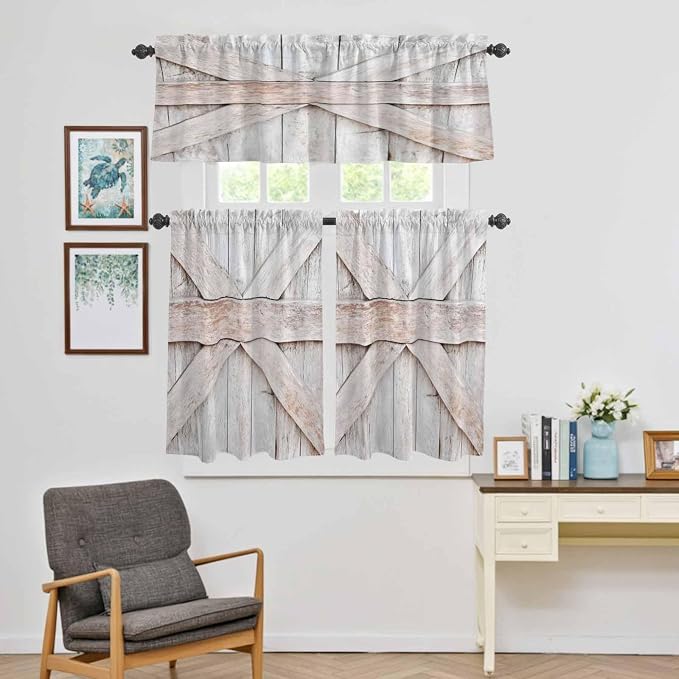 Kitchen Window Curtains Valance and Tier Set, Farmhouse Retro Wooden Barn Rod by Unknown