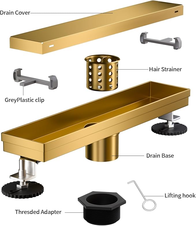 Linear Shower Drain, 304 Stainless Steel with Adjustable Leveling Feet, Hair Strainer,Reversely Install Place to Create an Invisible Floor Drain - Gold -24-Inch
