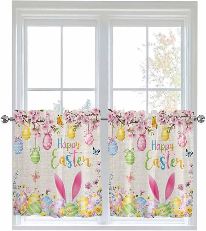 Happy Easter Half Window Curtains 24 Inches Long, Spring Farmhouse Bunny Eggs by Unknown