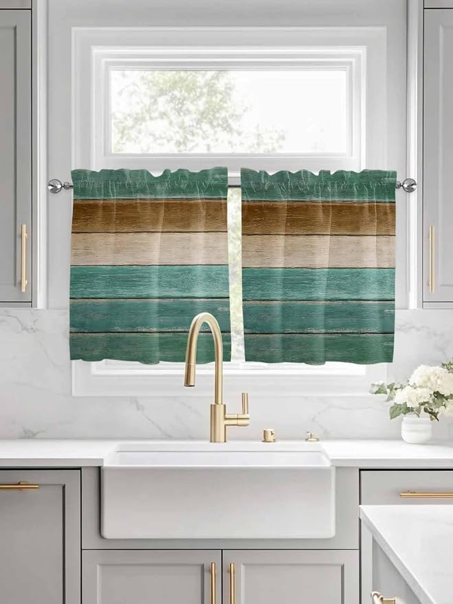 Vintage Plank Turquoise Brown Window Valance Curtains, Farmhouse Wood Grain by IDOWMAT