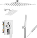 Aolemi Shower Faucet Set Ceiling Mount Shower System Rough-in Valve and Shower Trim Kit 12 and 6 Inch Dual Shower Head 2 in 1 Handheld Spray Push Button Diverter Polish Chrome