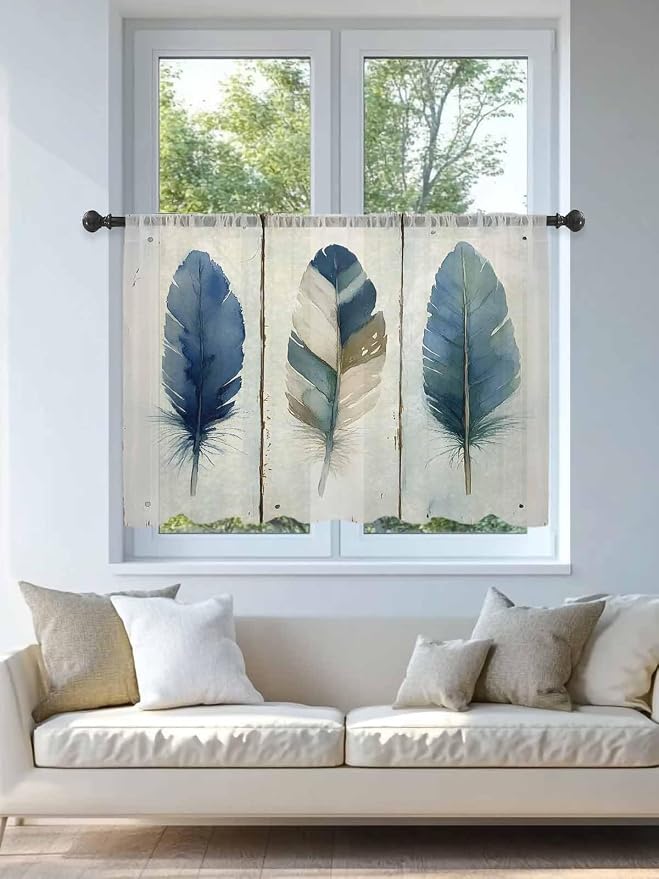 Sheer Curtains 54 Inch Length, Boho Blue Feathers Semi Sheer Curtains Light - Image 4