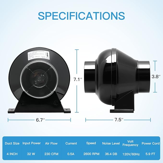 iPower 4 Inch 230 CFM Inline Fan Circulation Vent Blower, Air Carbon Filter - Image 3