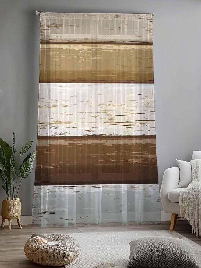 Sheer Curtains 96 Inches Long, Wood Grain Brown Semi Sheer Curtains Light - Image 2