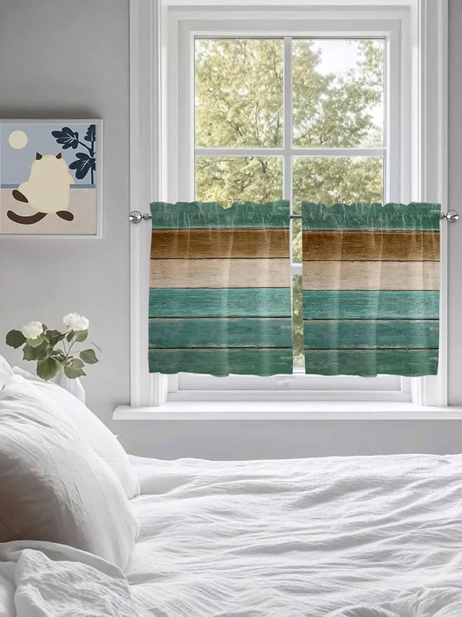 Vintage Plank Turquoise Brown Window Valance Curtains, Farmhouse Wood Grain - Image 4