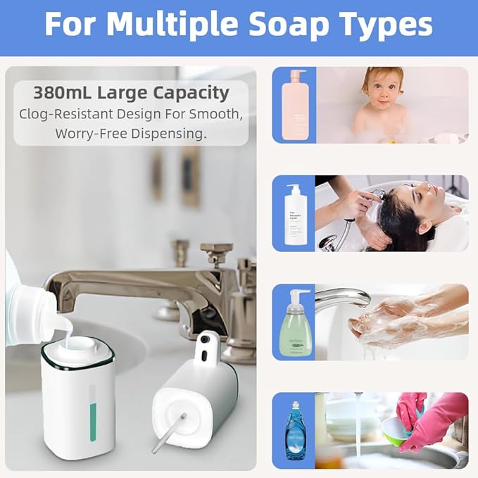 Automatic Liquid Soap Dispenser, 9 Adjustable Levels, 380ml/12.8oz, Auto Touchless Hand Soap or Dish Soap Dispenser,USB Rechargeable Dispenser,Wall Mount or Tabletop Use for Bathroom Kitchen Sink
