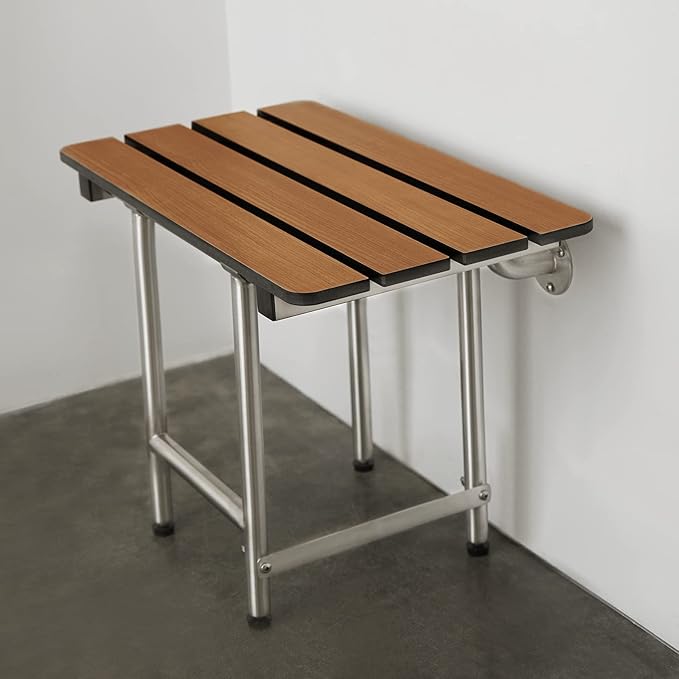 Seachrome 32-inch ADA Folding Shower Seat with Legs, Teak Phenolic Slats