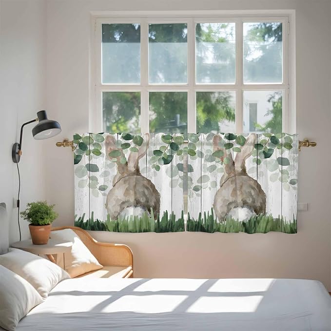 Easter Tier Curtains, Country Rabbit Botanical Leaves Wooden Grain Light - Image 4