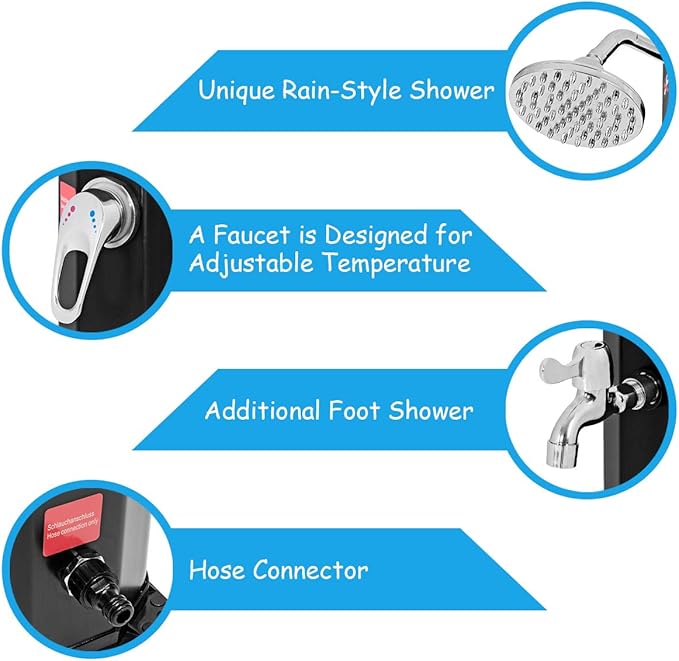 Giantex 7.2Ft 9.3 Gallon 2-Section Solar Heated Shower W/Shower Head Outdoor Backyard Poolside Beach Pool Spa for Easy Installation, Black