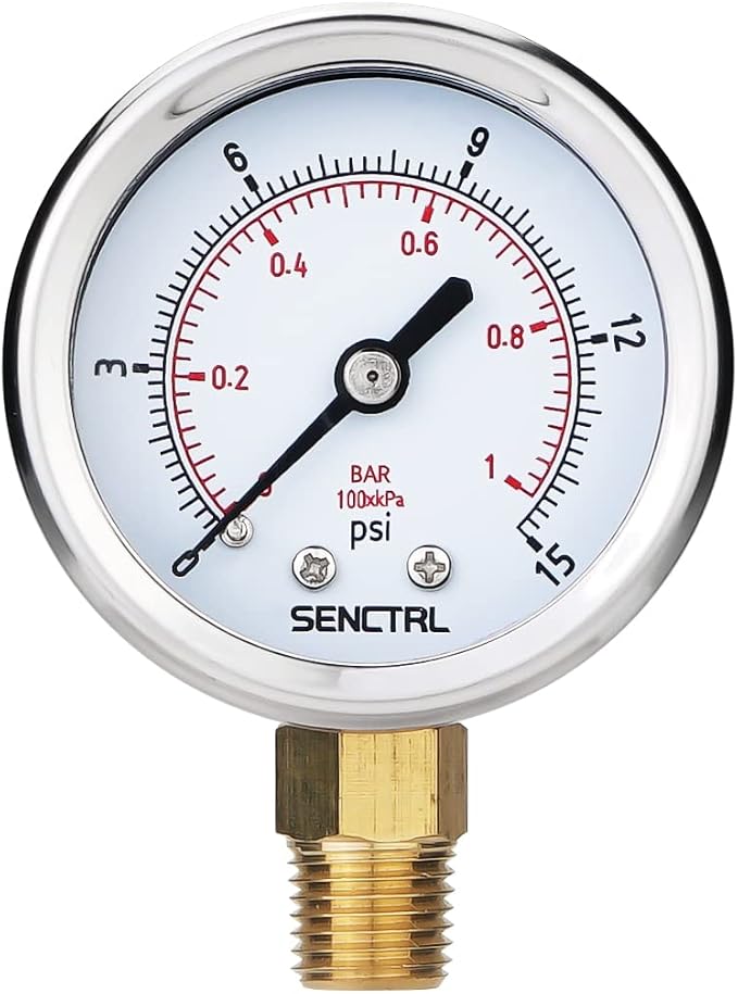 SENCTRL 0-15 Psi Low Pressure Gauge, 1/4 Npt Lower Mount, Waterproof, Stainless by senctrl