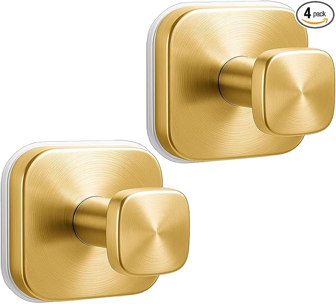 4Pcs Square Suction Cup Hook, 304 Stainless Steel Shower Hook, Removable Suction Cup Knob for Shower, Bathroom, Kitchen, Glass Door, Mirror (Gold)