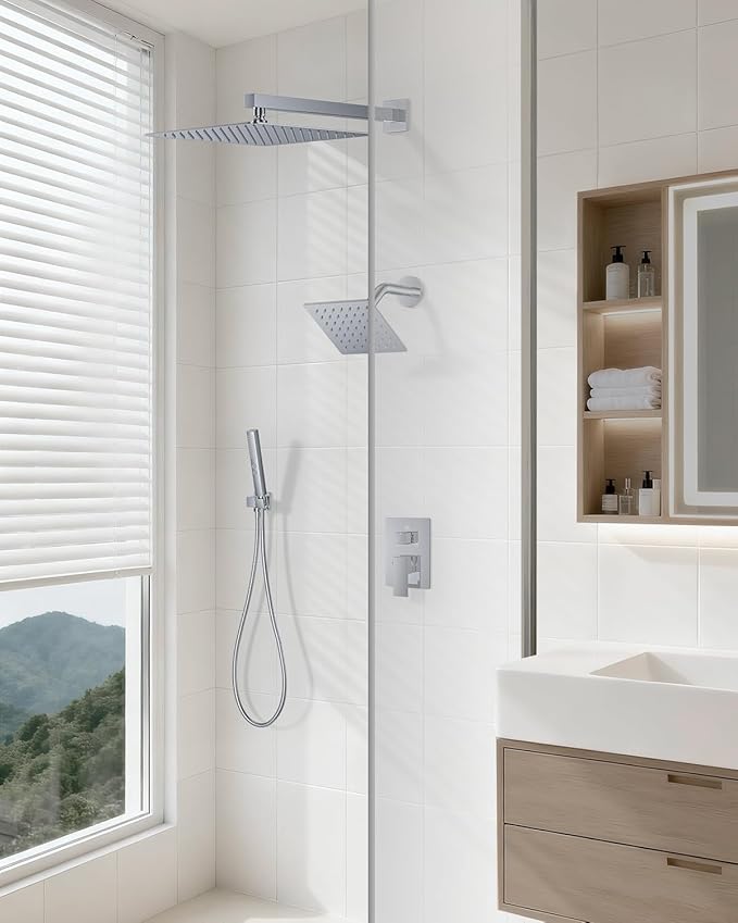 Shower Faucet Set, Wall Mount Shower System 12 and 6 Inch Dual Shower Head Set with 2 in 1 Handheld Spray Rain Shower Faucet with Rough-in Valve and Shower Trim Kit, Polished Chrome