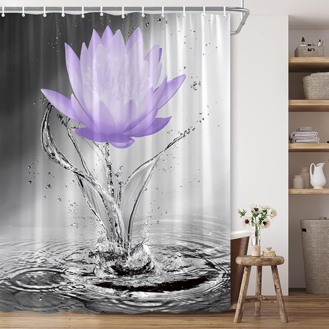 Lotus Shower Curtain Black White Grey Violet Flower Elegant Blooming Floral with Dew Spring Flower Reflection on Water Modern Romantic Polyester Fabric Bathroom Decor 36×70 Inch with Hook