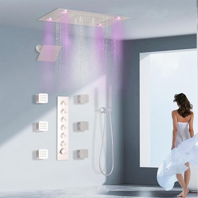24x32 LED Dual Head Shower System 24"x32" Ceiling Mount Shower Head Thermostatic Shower System Rainfall Shower Set with 6 Inches Shower Head and 6 Body Jets High Pressure Shower Handheld