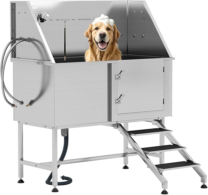Albott 50-Inch Stainless Steel Pet Washing Station with Stairs, Dog Bath Tub 3-Speed Showerhead, Removable Grates, Easy to Clean, L-Size (Right)