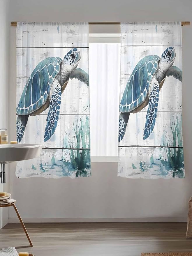 Sheer Curtains 63 Inch Length, Teal Green Sea Turtle Semi Sheer Curtains Light - Image 5