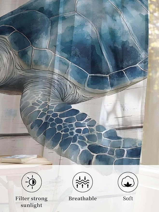 Sheer Curtains 96 Inches Long, Ocean Sea Turtle Semi Sheer Curtains Light - Image 6