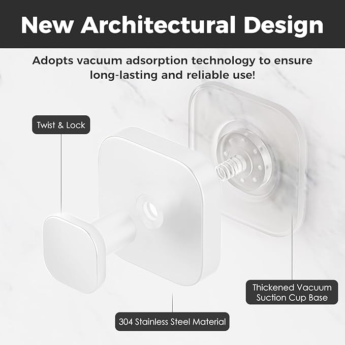 Shower Hooks for Inside Shower,Reusable Suction Cup Hooks for Glass Window,Mirror,Removable Towel Hooks for Bathroom,2 Pack(White)