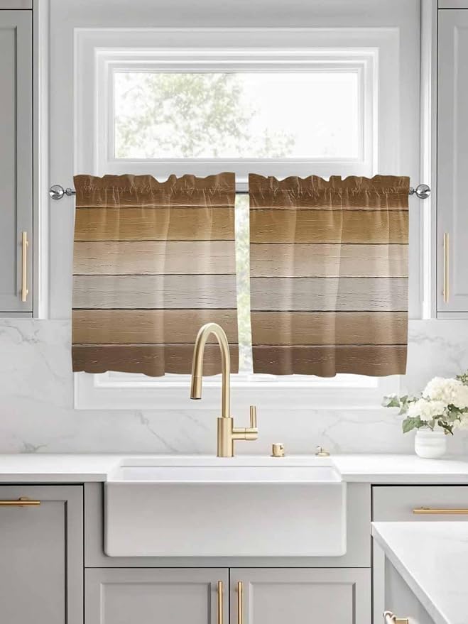Vintage Brown Gradient Wood Grain Window Valance Curtains, Farmhouse Wood Barn by IDOWMAT