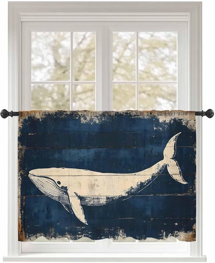 Sheer Curtains 54 Inch Length, Ocean Whale Blue Semi Sheer Curtains Light by Unknown