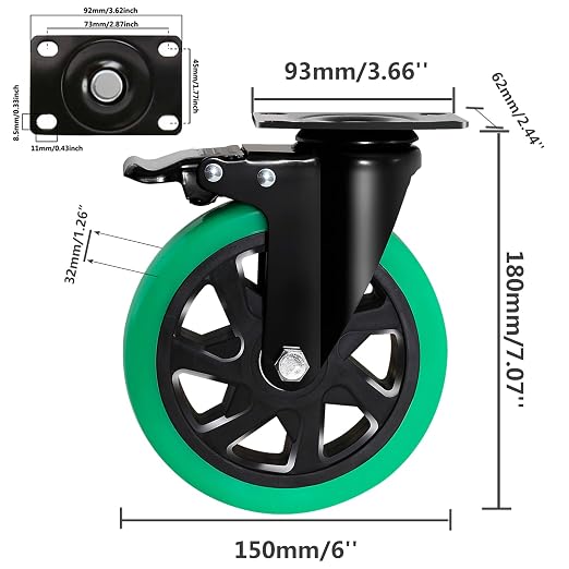 6 Inch Caster Wheels, Locking Casters Set of 4 Heavy Duty, Silent Top Plate - Image 2