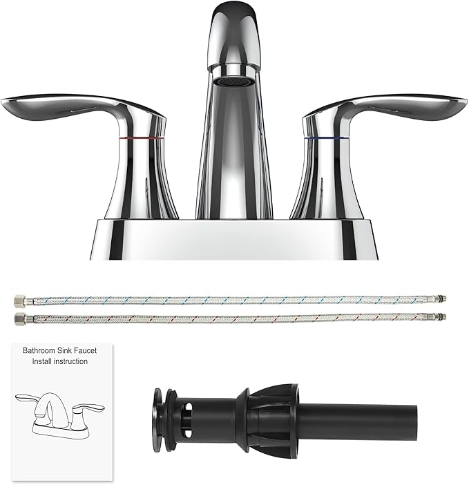 Bathroom Faucet, 4 Inch Bathroom Faucets for Sink 3 Hole, Centerset Bathroom Sink Faucet with Pop Up Drain and cUPC Lead-Free Hose(Chrome)
