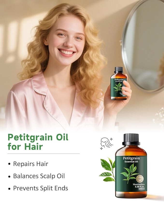 Pure Petitgrain Essential Oil for Bedtime Serenity, Evening Relaxation & Pillow Mist, Mumianhua Natural Citrus-Woody Aroma for Diffuser, Skin,Hair Care, Calming Blends, Soap, Candle Making 3.38 Fl Oz